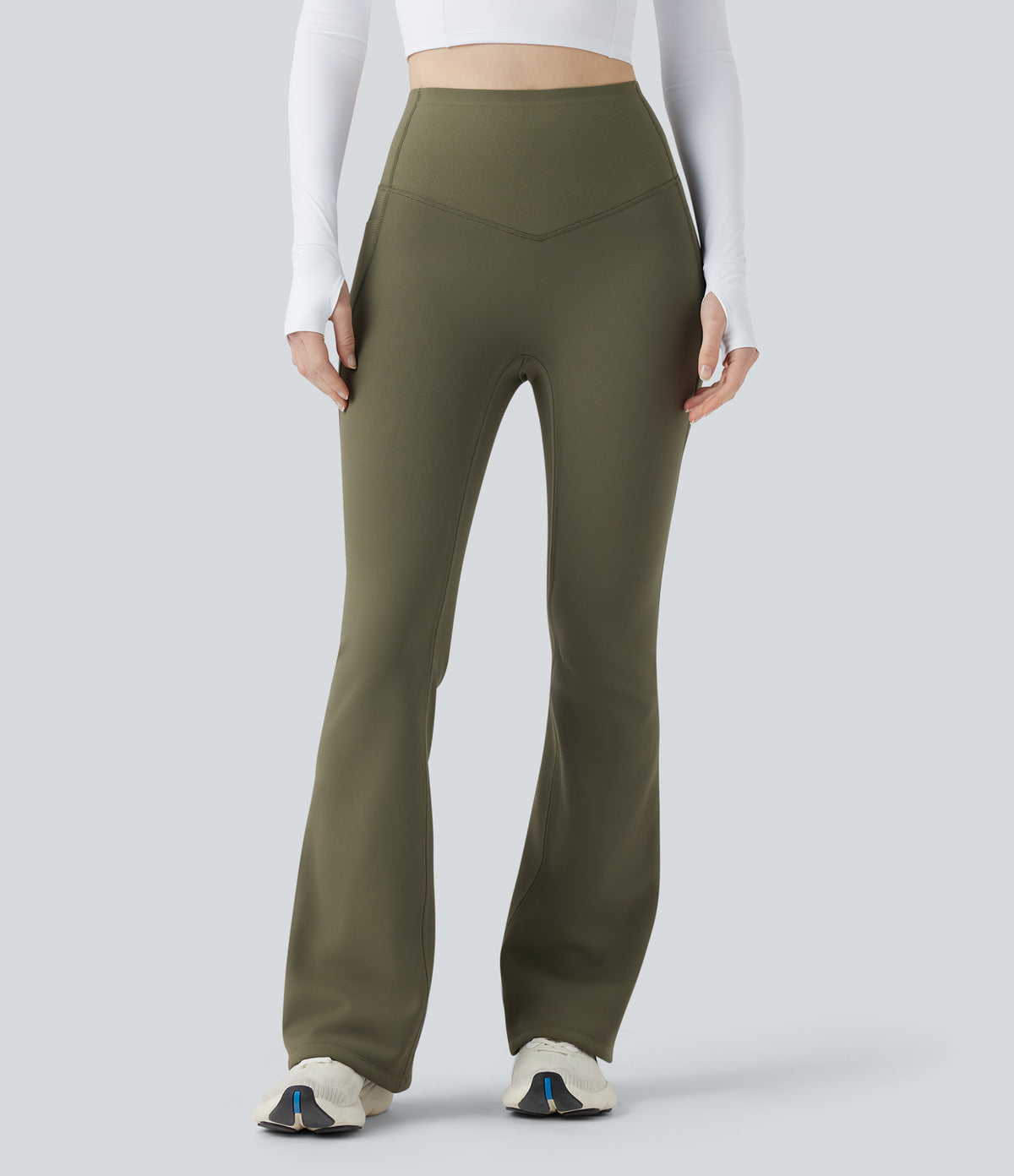 Extra Heat High Waisted Tummy Control Yoga Bootcut Leggings with Pockets — Grass Grey Green — view 3