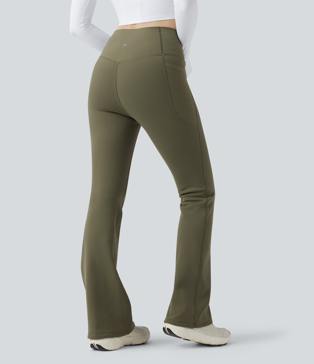 Extra Heat High Waisted Tummy Control Yoga Bootcut Leggings with Pockets — Grass Grey Green — view 2