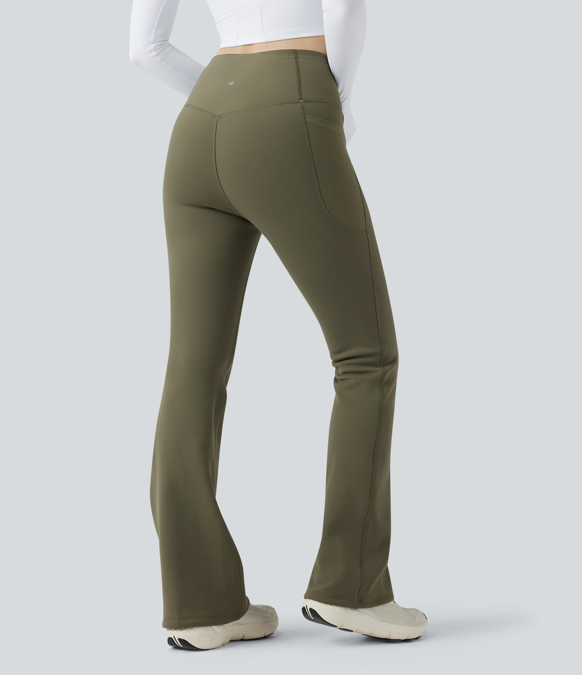 Extra Heat High Waisted Tummy Control Yoga Bootcut Leggings with Pockets — Grass Grey Green — view 2
