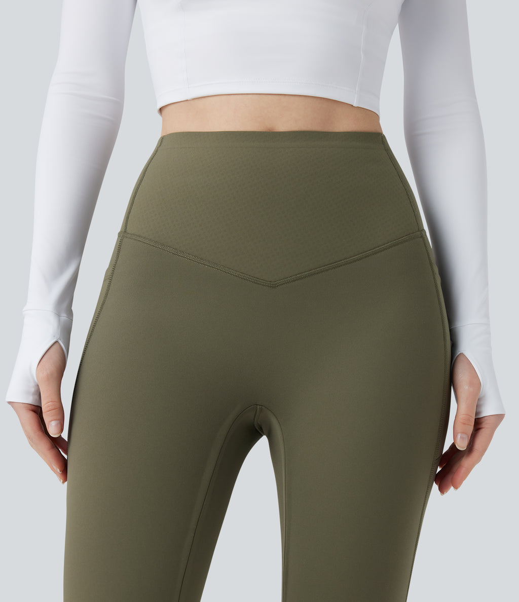 Extra Heat High Waisted Tummy Control Yoga Bootcut Leggings with Pockets — Grass Grey Green — view 7