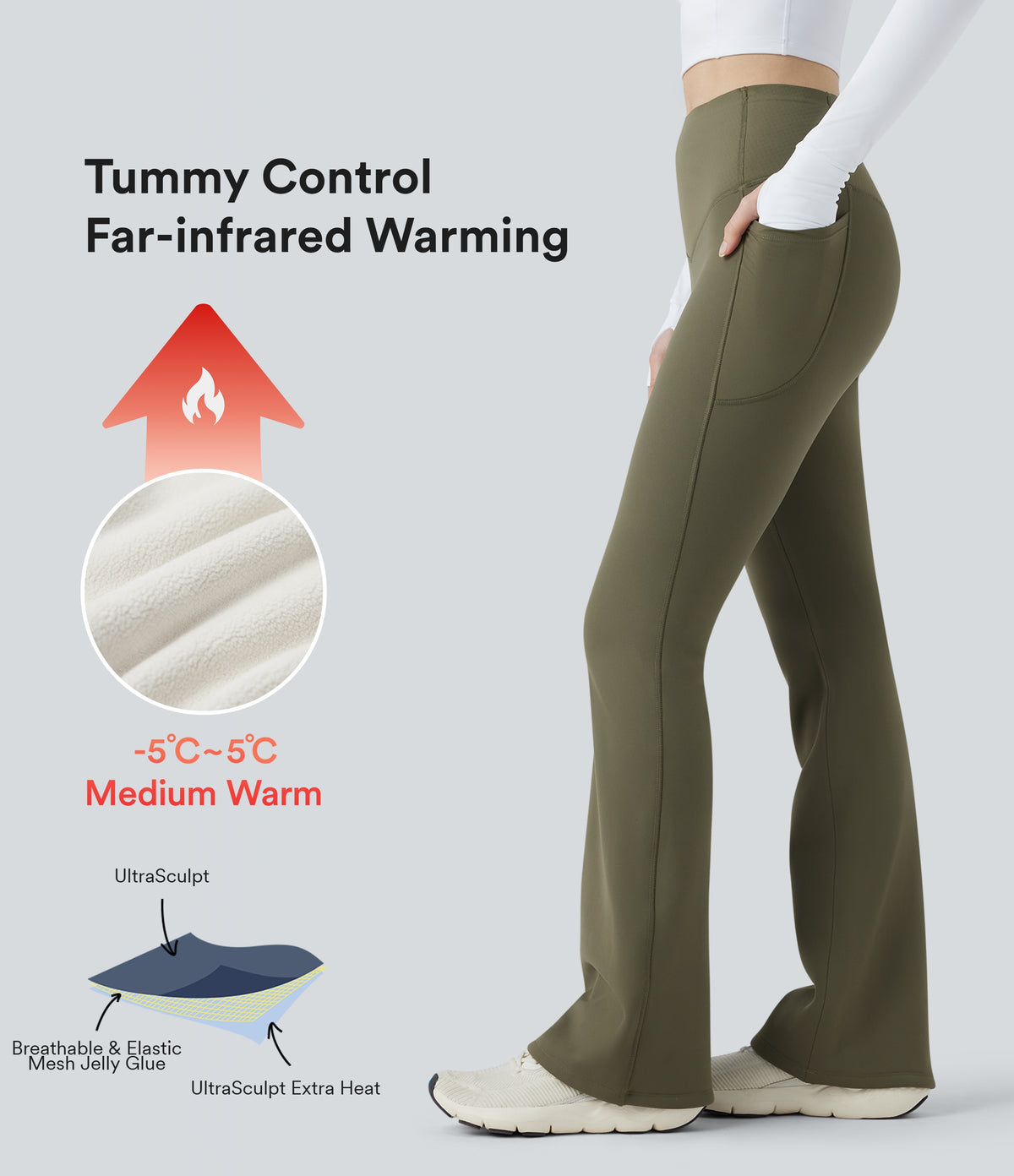 Extra Heat High Waisted Tummy Control Yoga Bootcut Leggings with Pockets — Grass Grey Green — view 1