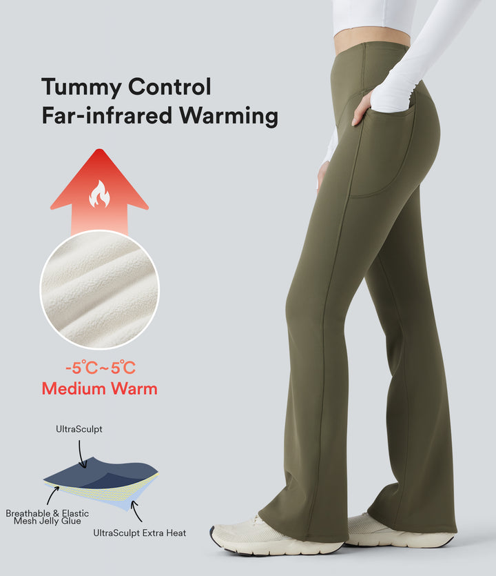 Extra Heat High Waisted Tummy Control Yoga Bootcut Leggings with Pockets — Grass Grey Green — view 1