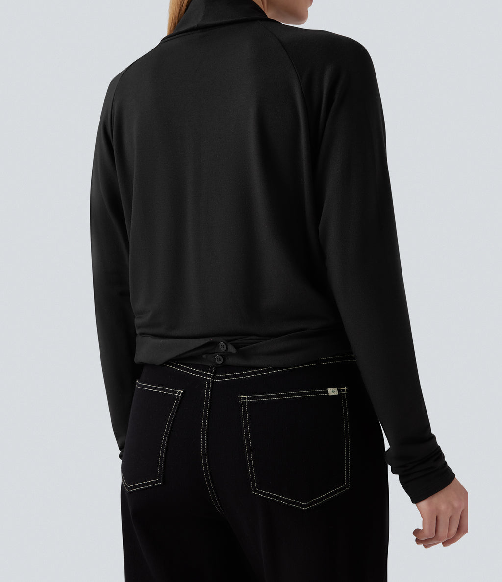 Wrapped Raglan Long Sleeve Casual Top — Black — view 8