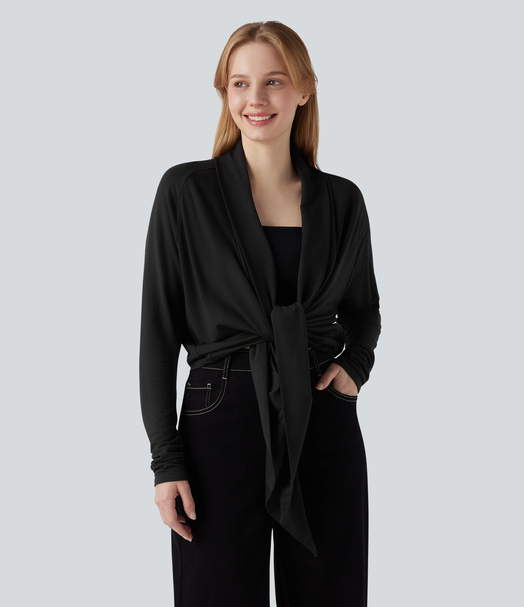 Wrapped Raglan Long Sleeve Casual Top — Black — view 4