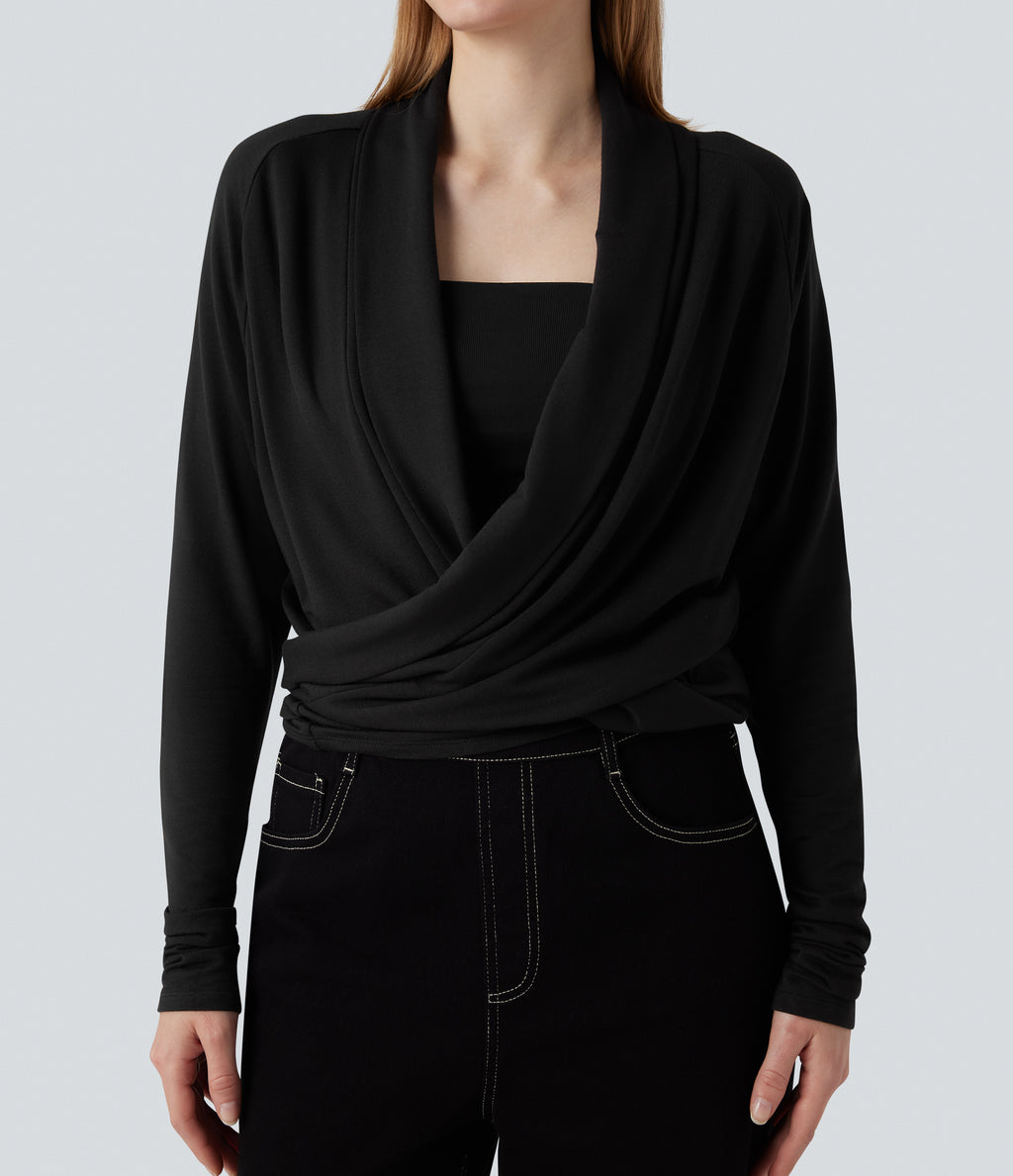 Wrapped Raglan Long Sleeve Casual Top — Black — view 7
