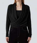 Wrapped Raglan Long Sleeve Casual Top — Black — view 7