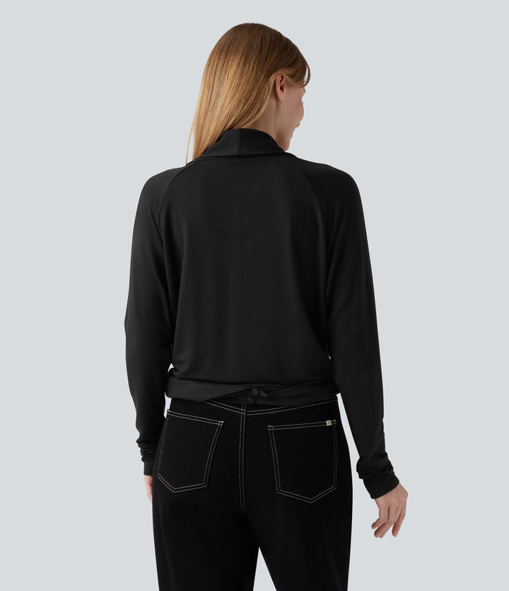Wrapped Raglan Long Sleeve Casual Top — Black — view 2