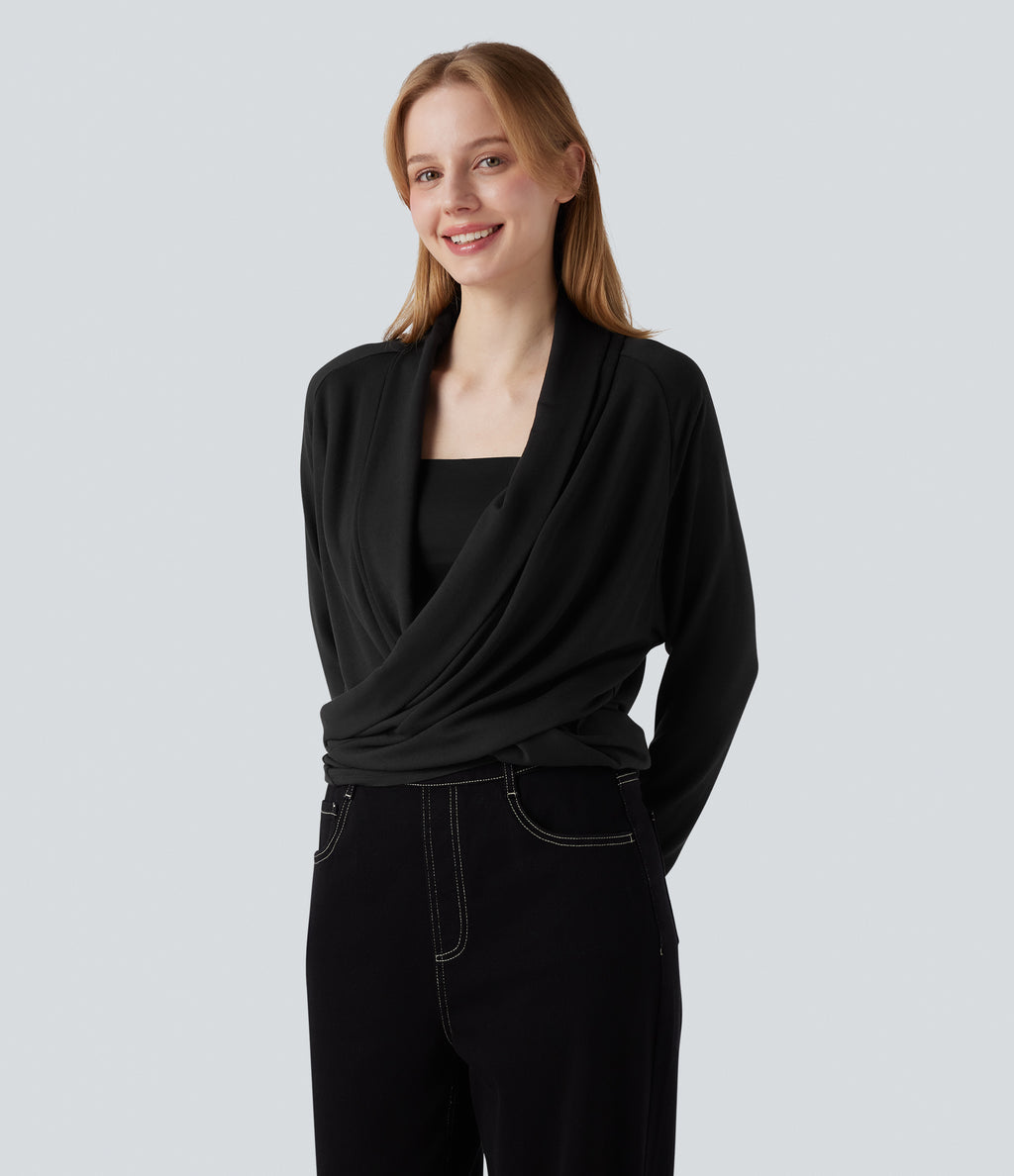 Wrapped Raglan Long Sleeve Casual Top — Black — view 3