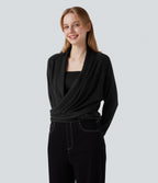 Wrapped Raglan Long Sleeve Casual Top — Black — view 3