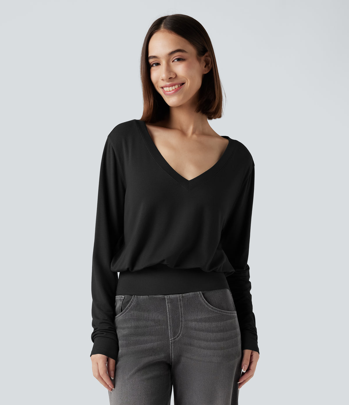 V Neck Long Sleeve Casual Sweatshirt — Black — view 6