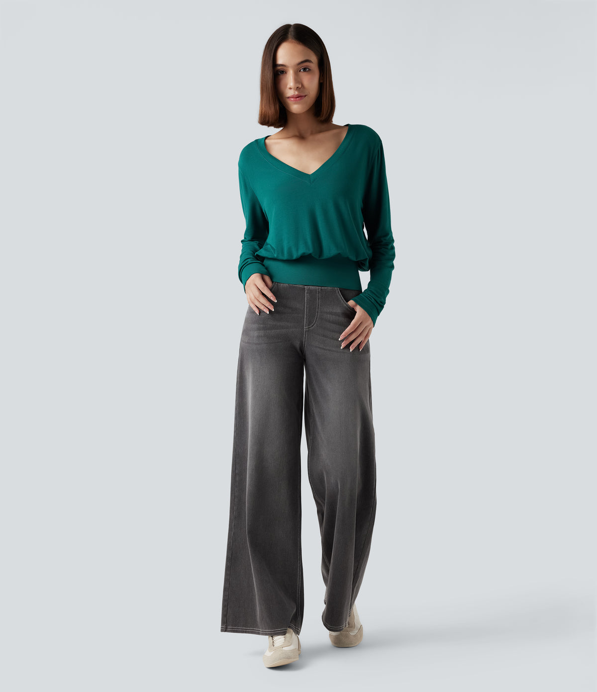 V Neck Long Sleeve Casual Sweatshirt — Storm — view 5