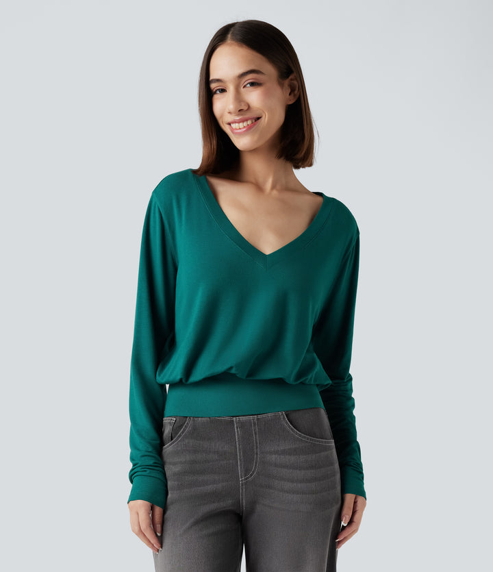 V Neck Long Sleeve Casual Sweatshirt — Storm — view 1