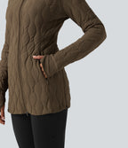 PuffFlex High Neck Long Sleeve Thumb Hole Zipper Workout Quilted Jacket with Pockets — Chestnut Brown — view 6