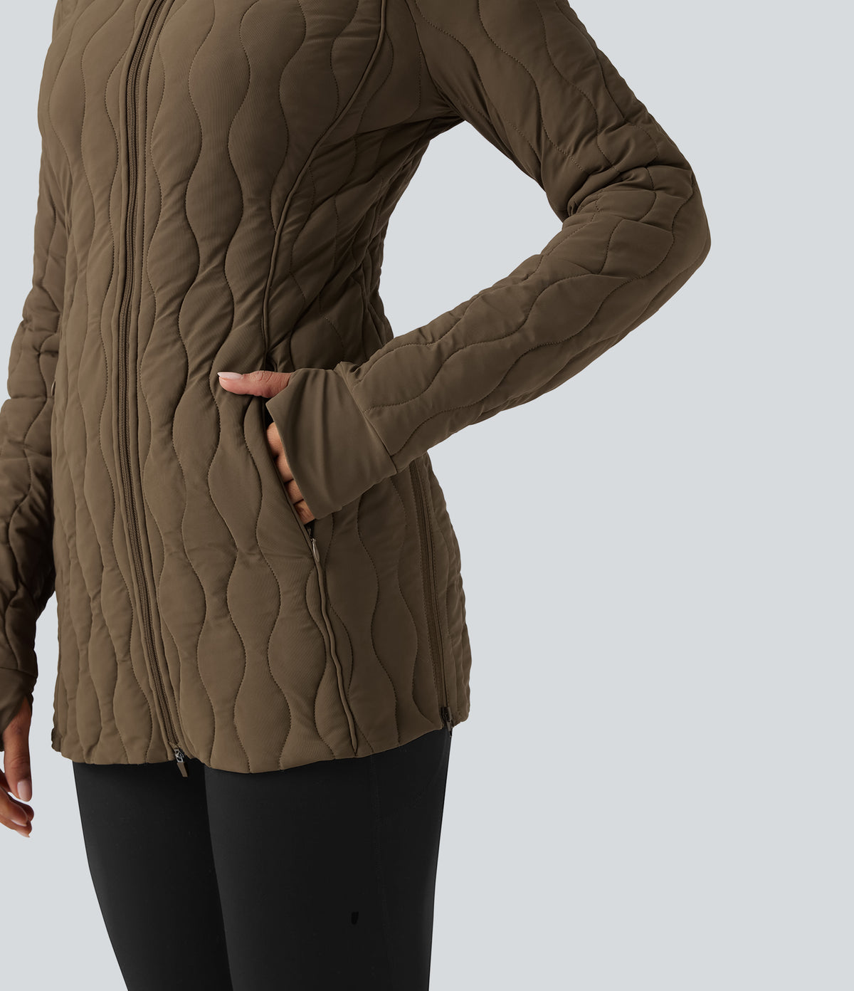 PuffFlex High Neck Long Sleeve Thumb Hole Zipper Workout Quilted Jacket with Pockets — Chestnut Brown — view 6