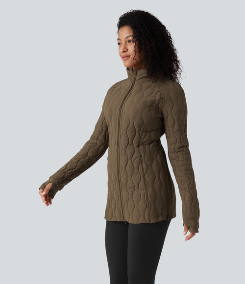 PuffFlex High Neck Long Sleeve Thumb Hole Zipper Workout Quilted Jacket with Pockets — Chestnut Brown — view 3