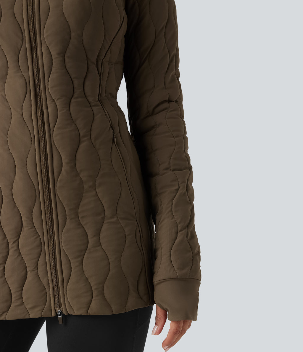 PuffFlex High Neck Long Sleeve Thumb Hole Zipper Workout Quilted Jacket with Pockets — Chestnut Brown — view 7