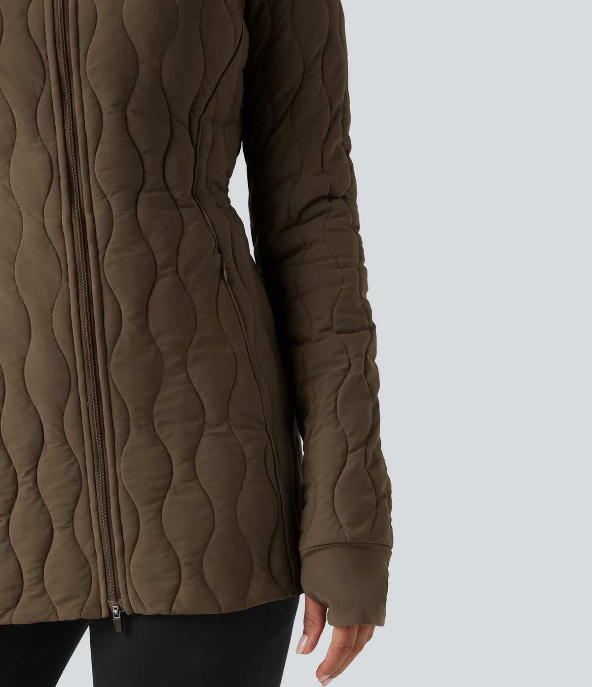 PuffFlex High Neck Long Sleeve Thumb Hole Zipper Workout Quilted Jacket with Pockets — Chestnut Brown — view 7