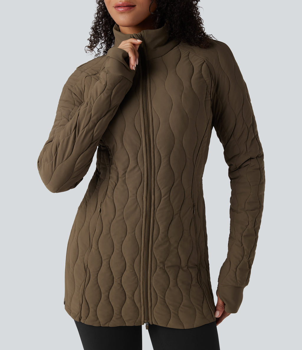 PuffFlex High Neck Long Sleeve Thumb Hole Zipper Workout Quilted Jacket with Pockets — Chestnut Brown — view 4