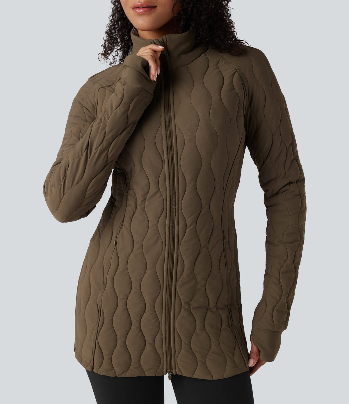 PuffFlex High Neck Long Sleeve Thumb Hole Zipper Workout Quilted Jacket with Pockets — Chestnut Brown — view 4