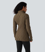 PuffFlex High Neck Long Sleeve Thumb Hole Zipper Workout Quilted Jacket with Pockets — Chestnut Brown — view 2