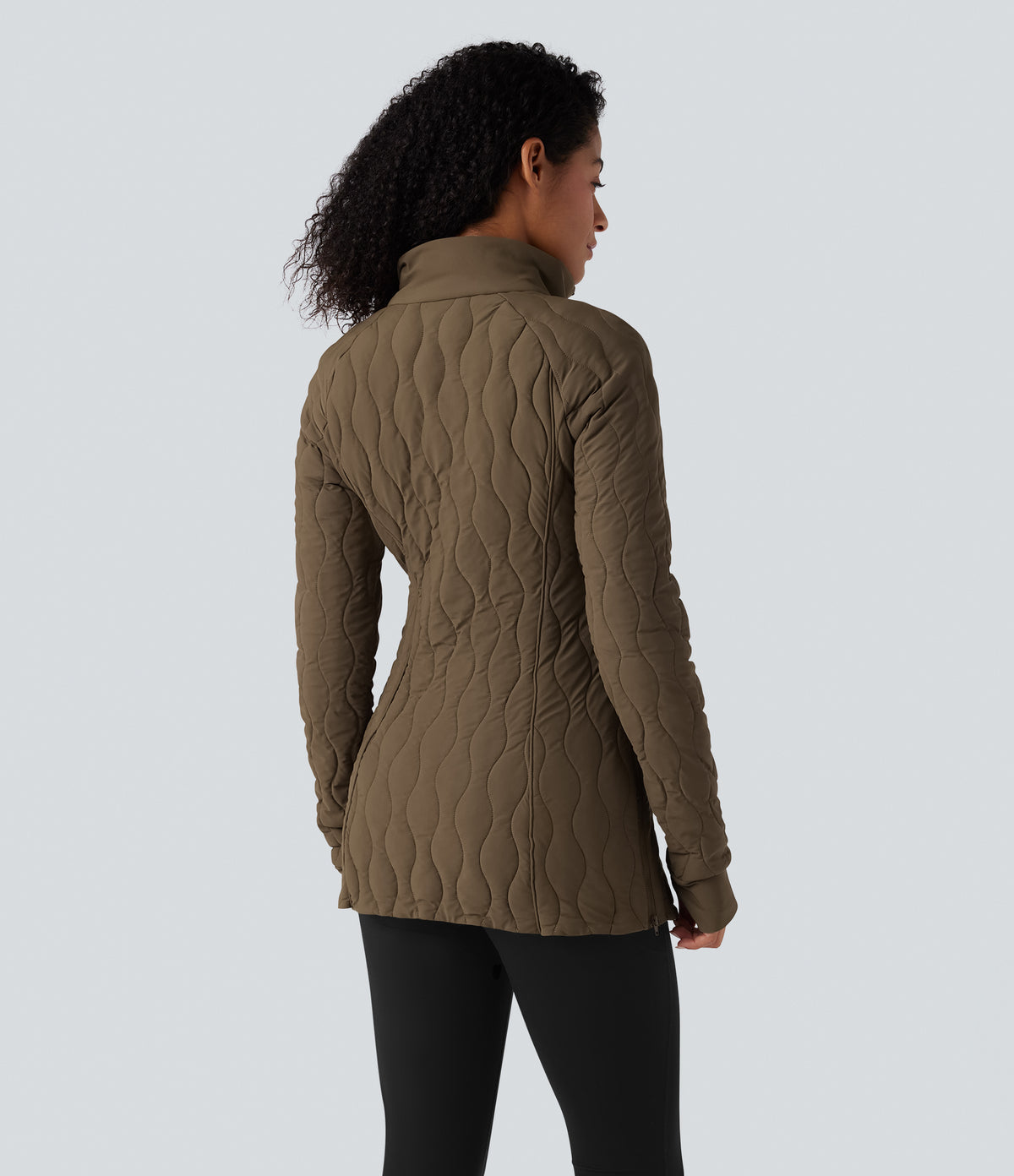 PuffFlex High Neck Long Sleeve Thumb Hole Zipper Workout Quilted Jacket with Pockets — Chestnut Brown — view 2