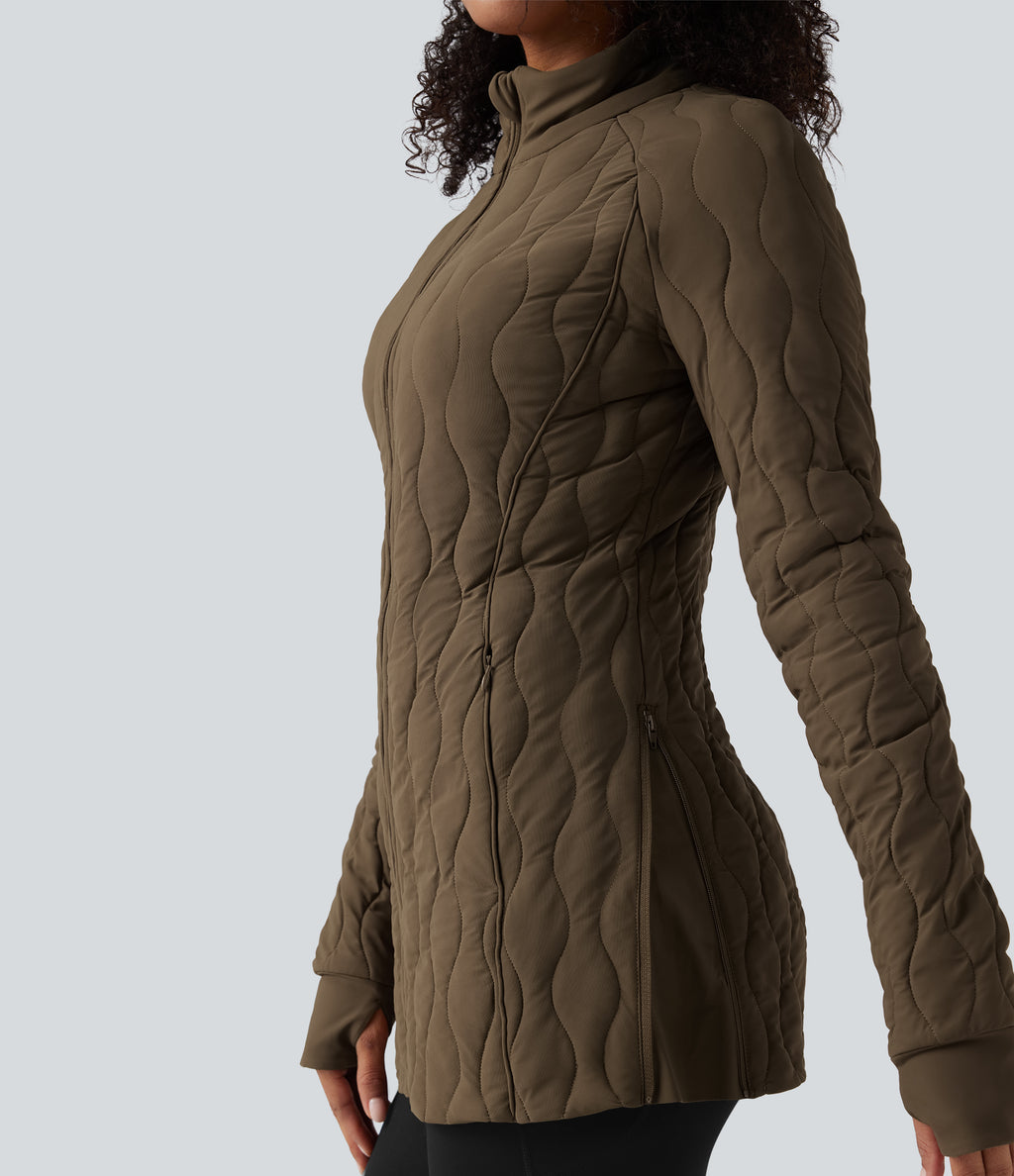 PuffFlex High Neck Long Sleeve Thumb Hole Zipper Workout Quilted Jacket with Pockets — Chestnut Brown — view 8