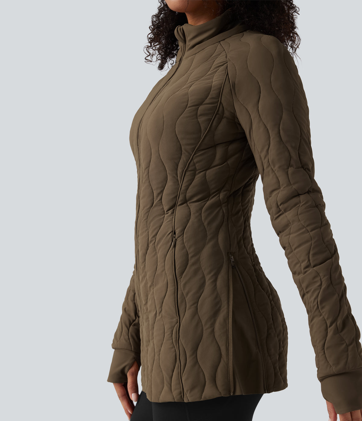 PuffFlex High Neck Long Sleeve Thumb Hole Zipper Workout Quilted Jacket with Pockets — Chestnut Brown — view 8