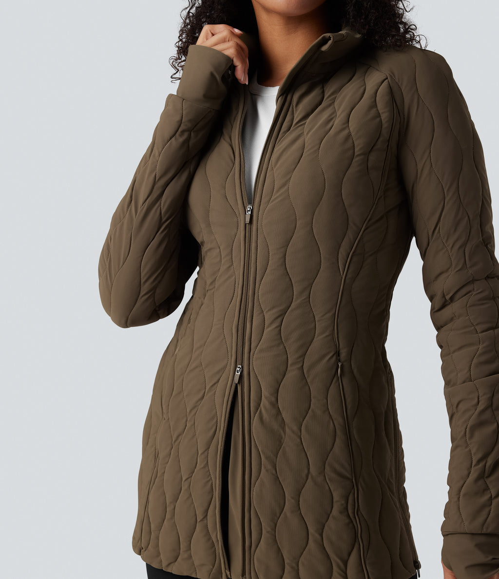 PuffFlex High Neck Long Sleeve Thumb Hole Zipper Workout Quilted Jacket with Pockets — Chestnut Brown — view 5