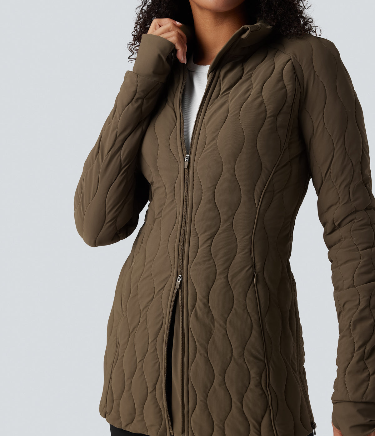 PuffFlex High Neck Long Sleeve Thumb Hole Zipper Workout Quilted Jacket with Pockets — Chestnut Brown — view 5