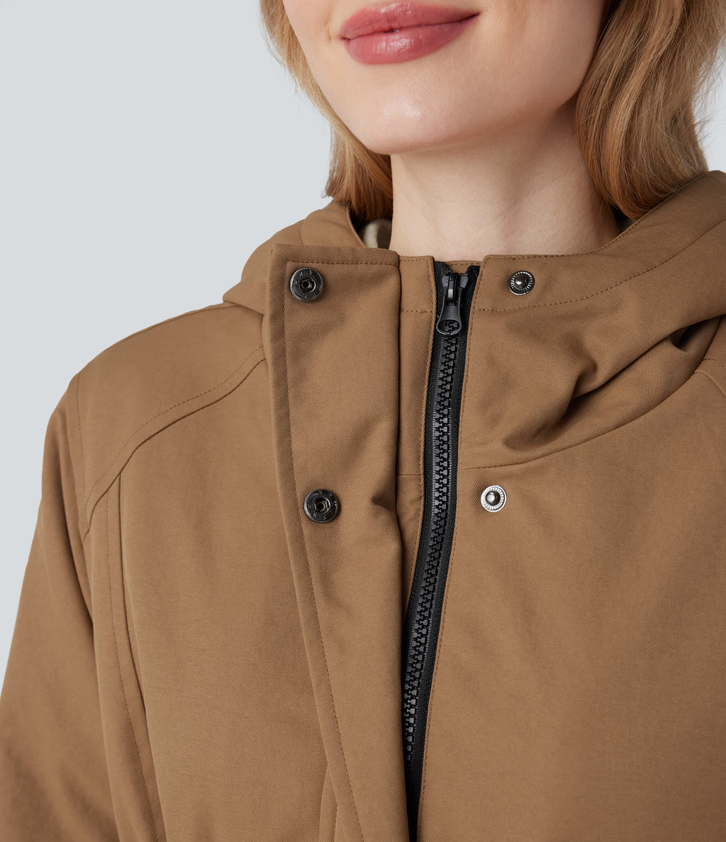 Hooded Drawstring Fleece Casual Parka Sherpa Jacket with Pockets — Rawhide — view 4