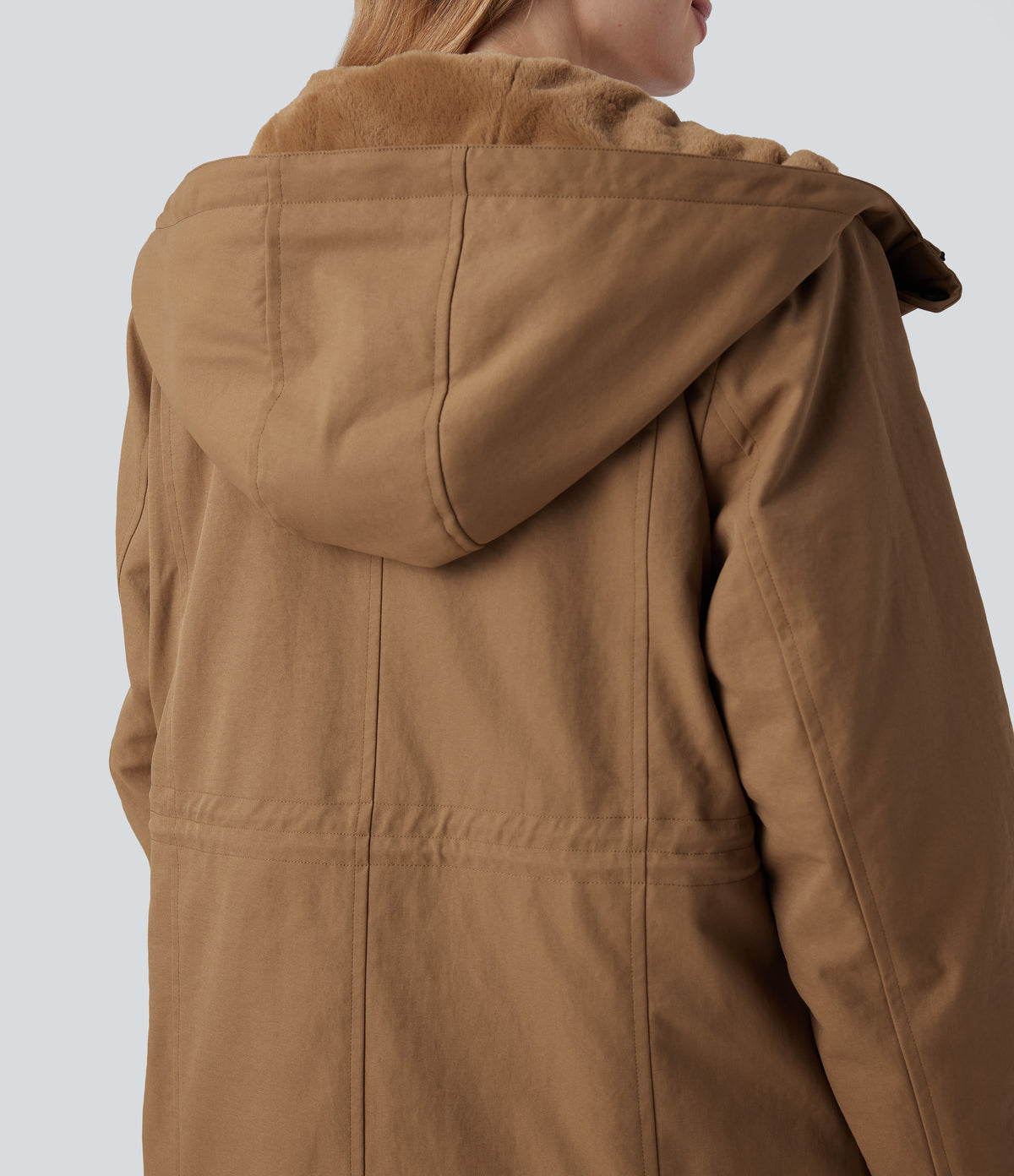 Hooded Drawstring Fleece Casual Parka Sherpa Jacket with Pockets — Rawhide — view 5