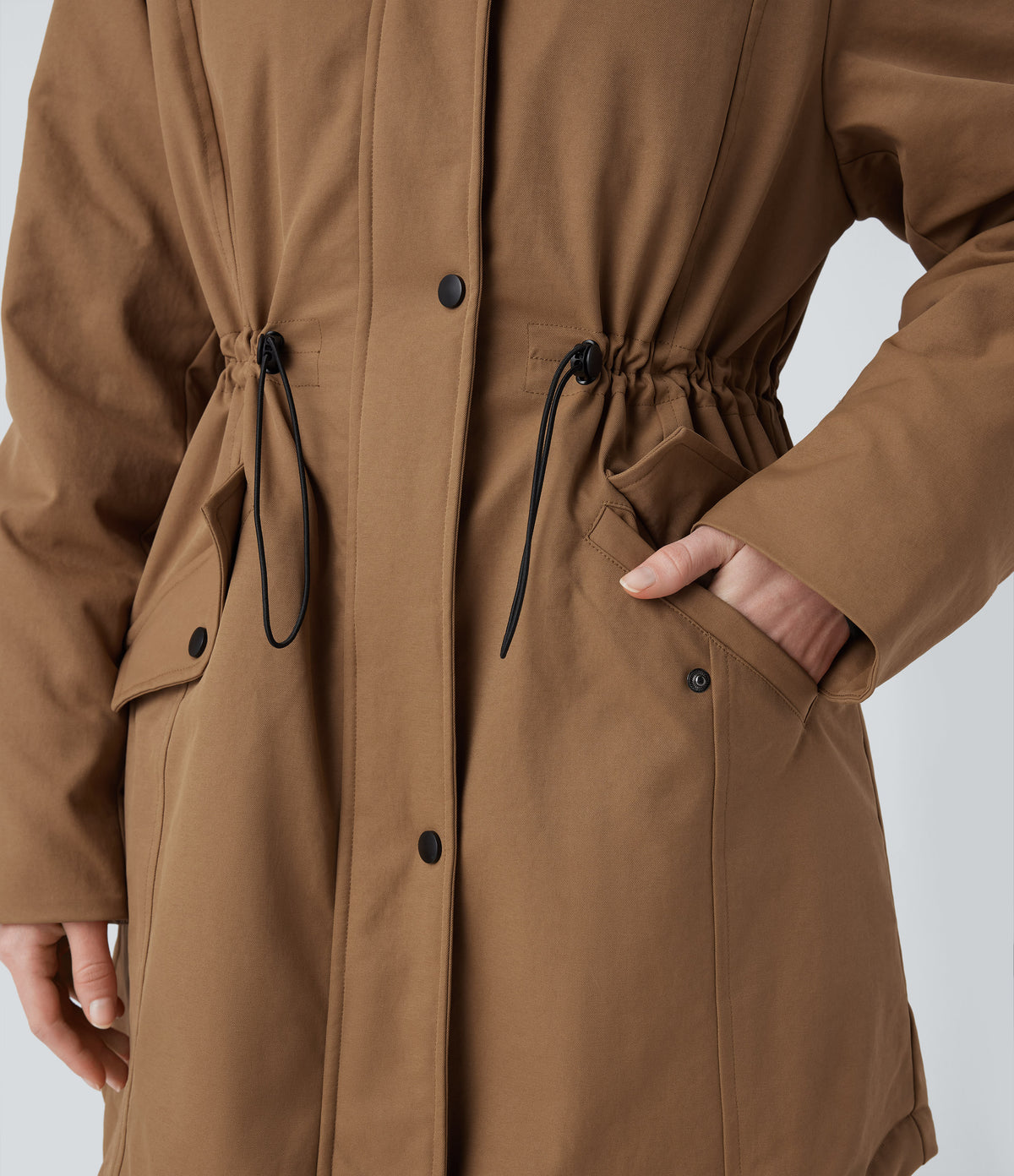 Hooded Drawstring Fleece Casual Parka Sherpa Jacket with Pockets — Rawhide — view 7