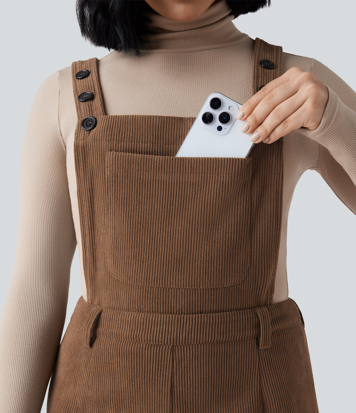 Adjustable Straps Corduroy Casual Detachable Dungarees with Pocket — Cacao Nibs — view 5
