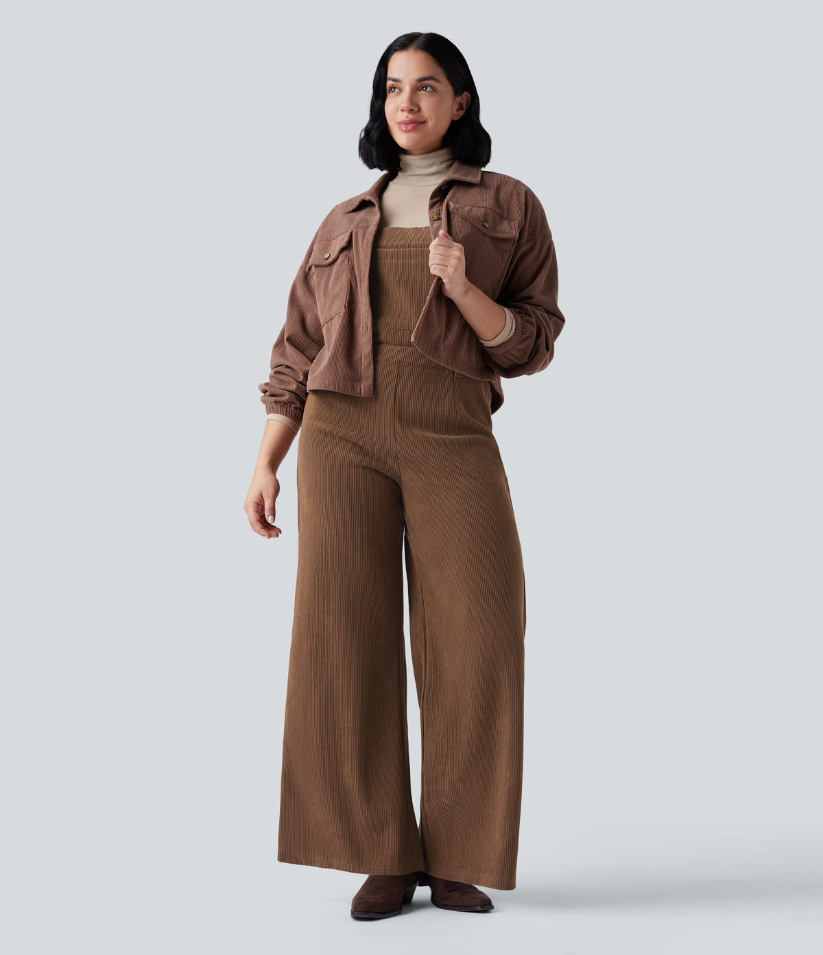 Adjustable Straps Corduroy Casual Detachable Dungarees with Pocket — Cacao Nibs — view 7