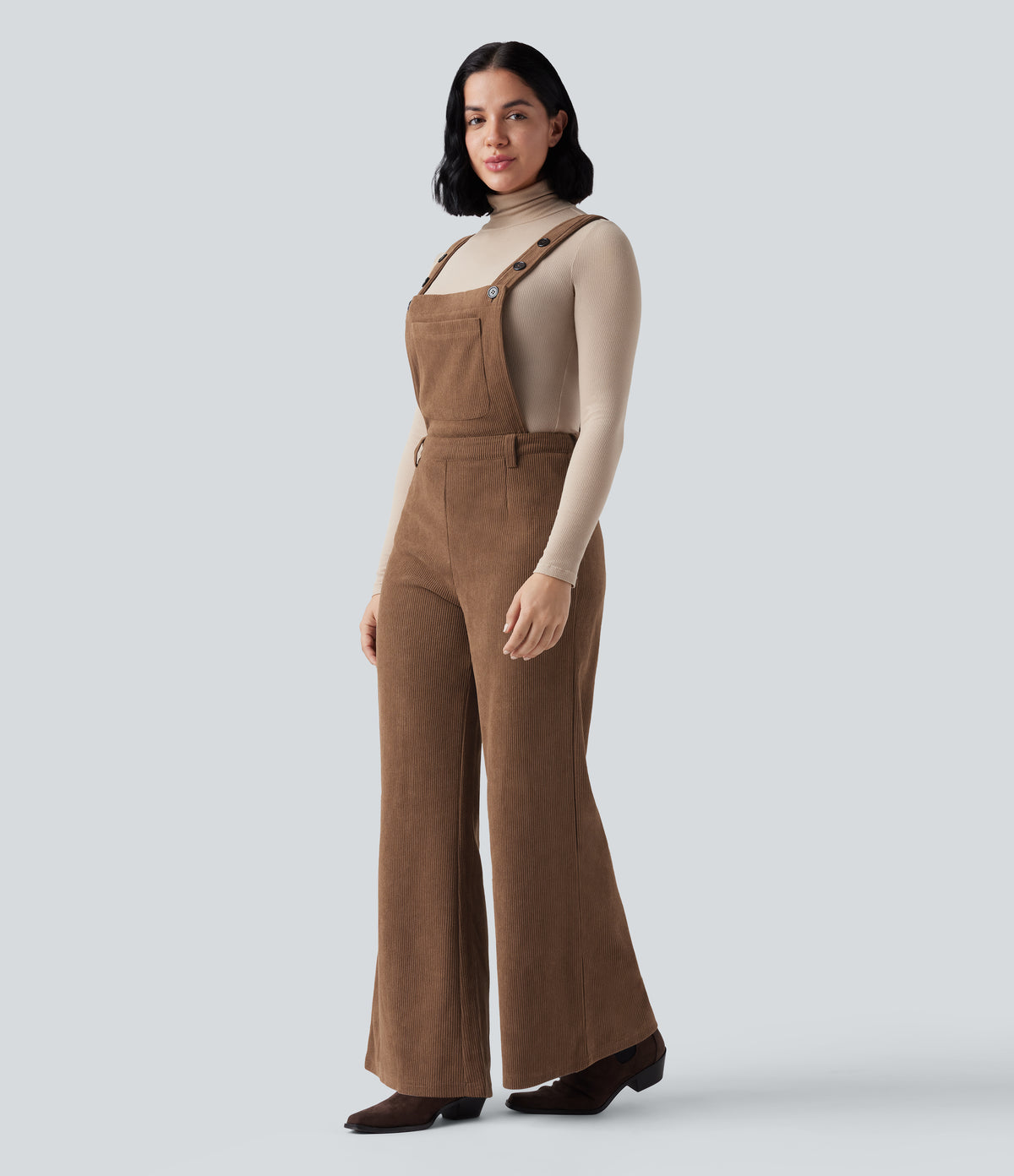 Adjustable Straps Corduroy Casual Detachable Dungarees with Pocket — Cacao Nibs — view 3