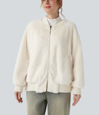 Zipper Long Sleeve Casual Sherpa Bomber Jacket with Pockets — Snow White Oak — view 4