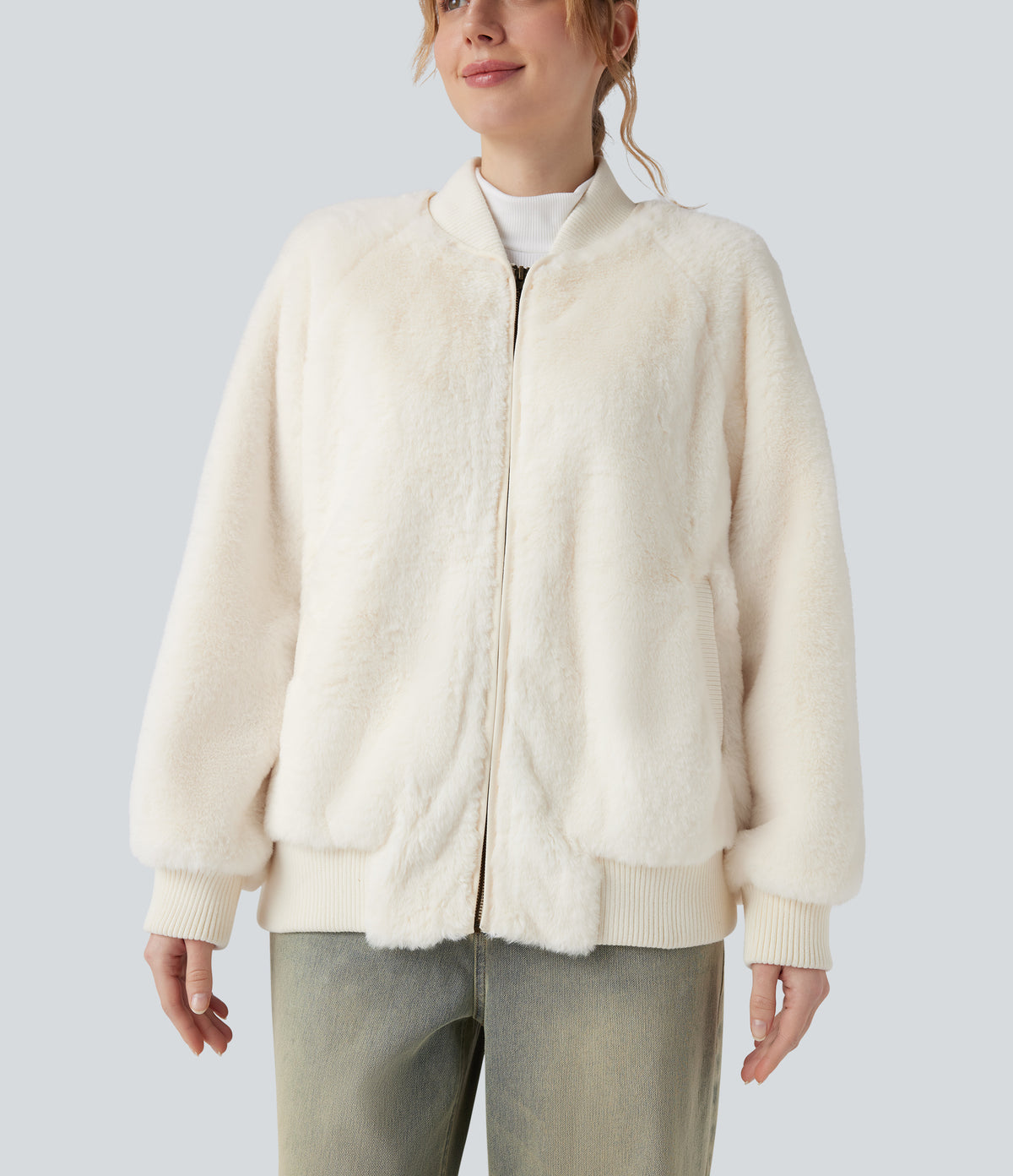 Zipper Long Sleeve Casual Sherpa Bomber Jacket with Pockets — Snow White Oak — view 4