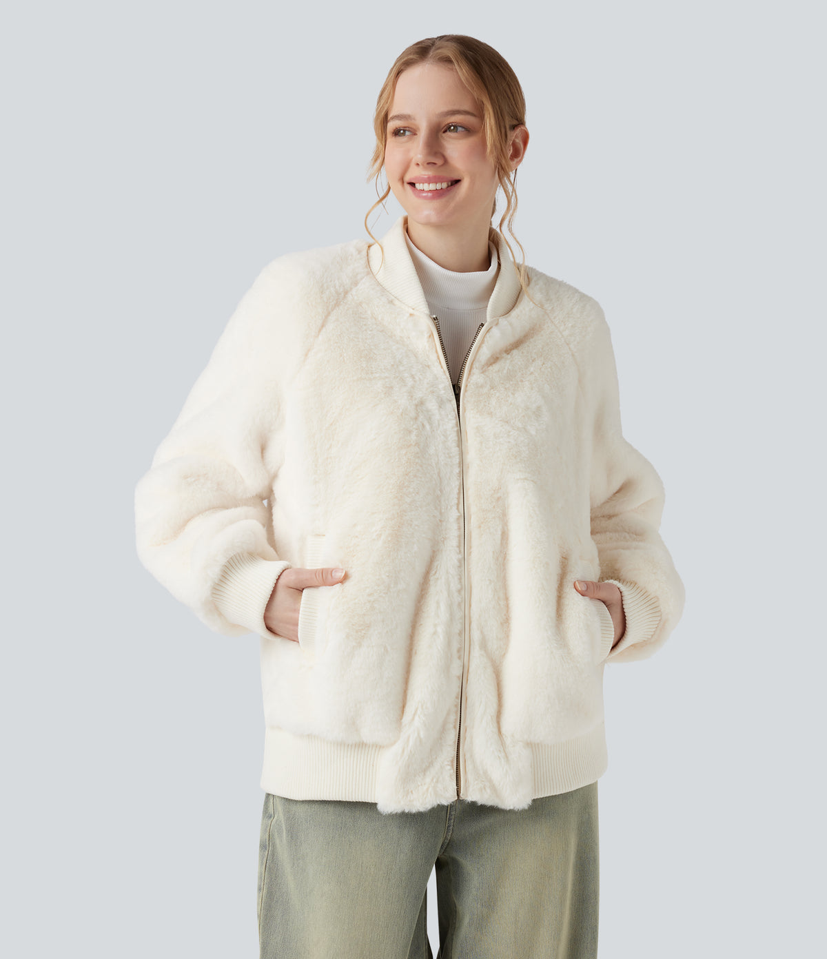 Zipper Long Sleeve Casual Sherpa Bomber Jacket with Pockets — Snow White Oak — view 6