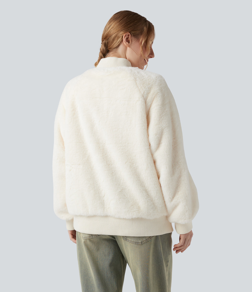 Zipper Long Sleeve Casual Sherpa Bomber Jacket with Pockets — Snow White Oak — view 2