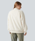 Zipper Long Sleeve Casual Sherpa Bomber Jacket with Pockets — Snow White Oak — view 2