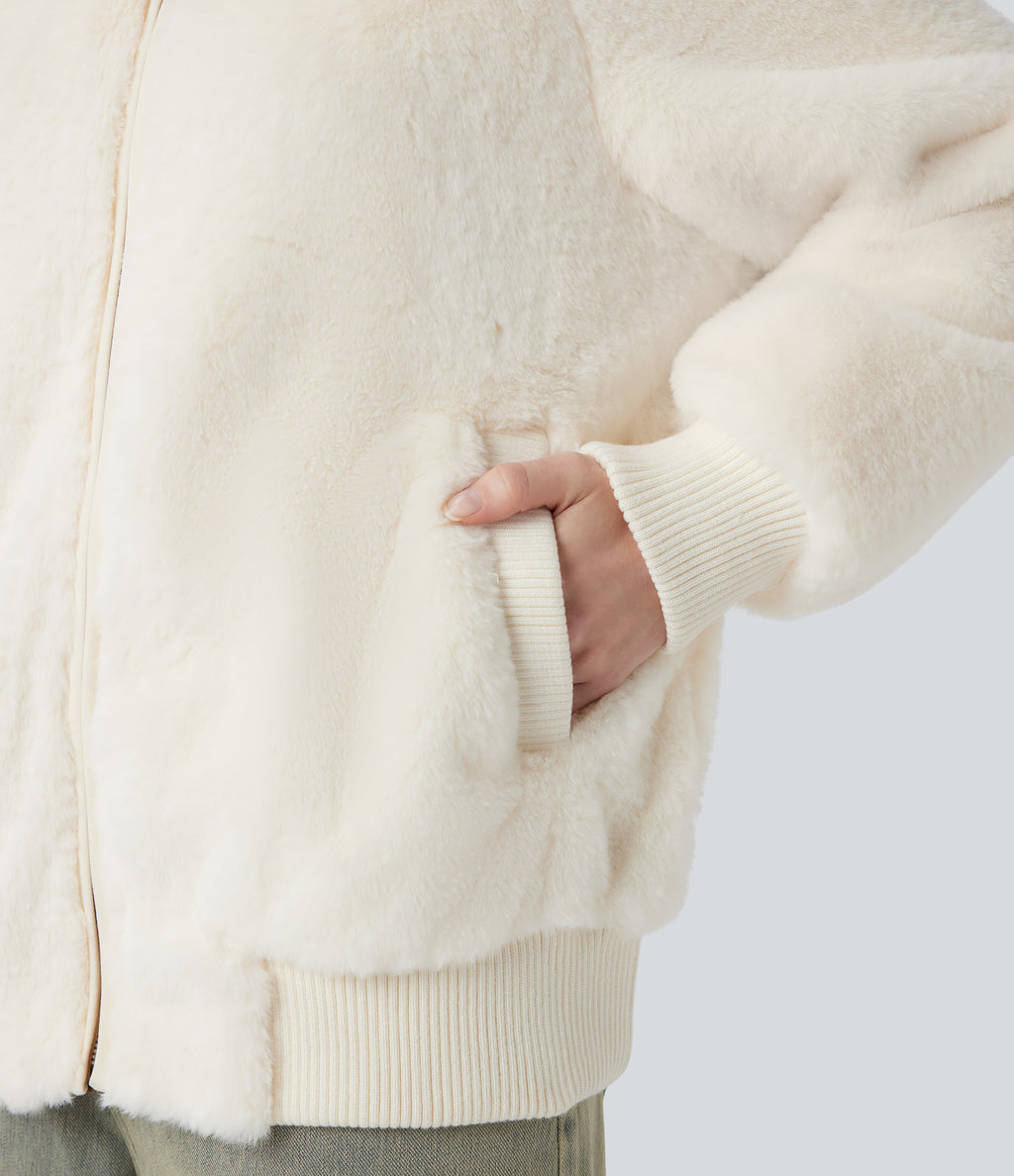 Zipper Long Sleeve Casual Sherpa Bomber Jacket with Pockets — Snow White Oak — view 5