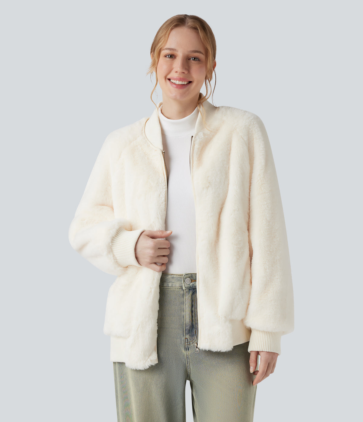 Zipper Long Sleeve Casual Sherpa Bomber Jacket with Pockets — Snow White Oak — view 1