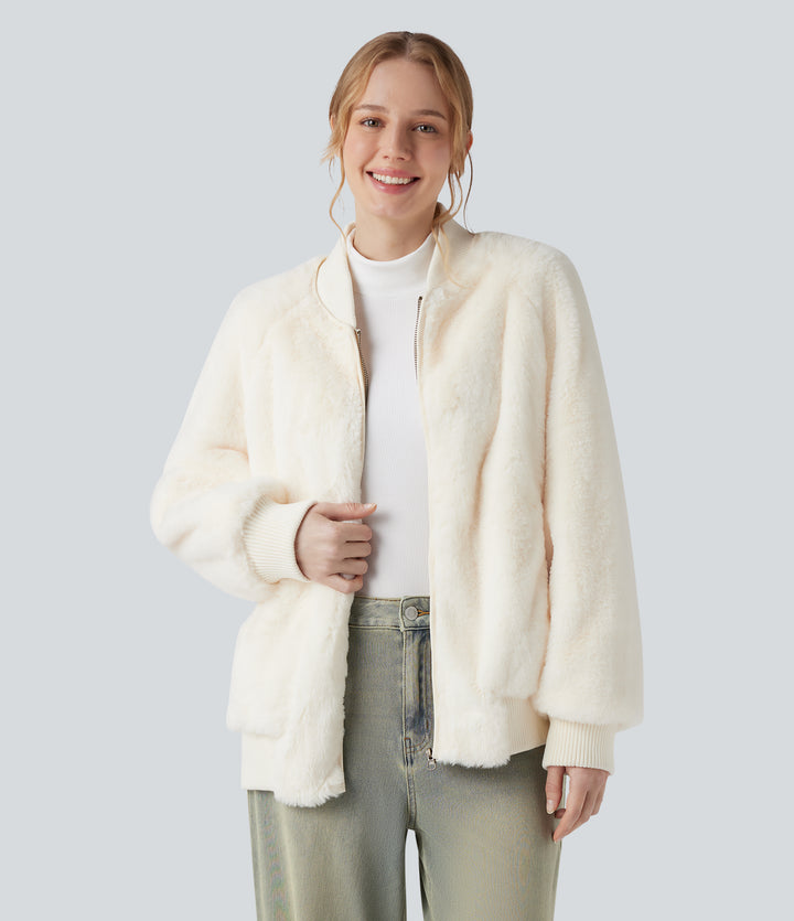 Zipper Long Sleeve Casual Sherpa Bomber Jacket with Pockets — Snow White Oak — view 1
