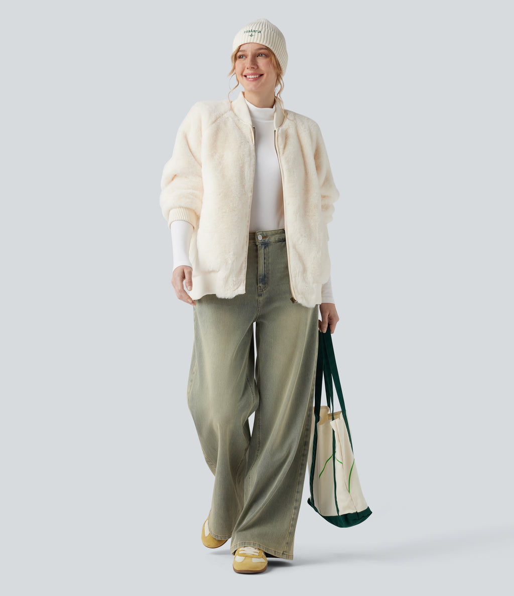 Zipper Long Sleeve Casual Sherpa Bomber Jacket with Pockets — Snow White Oak — view 7