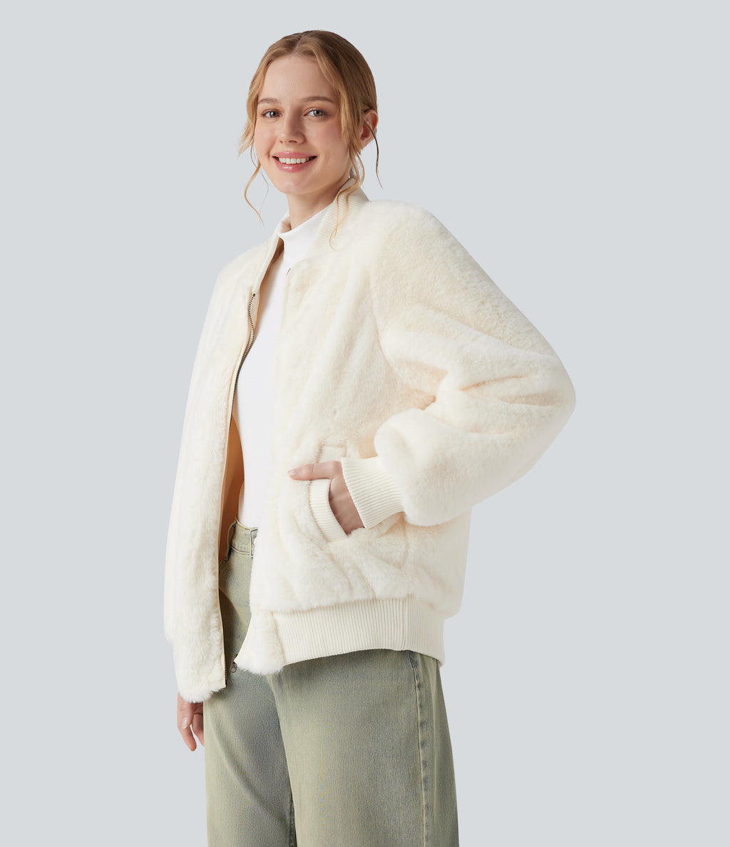 Zipper Long Sleeve Casual Sherpa Bomber Jacket with Pockets — Snow White Oak — view 3