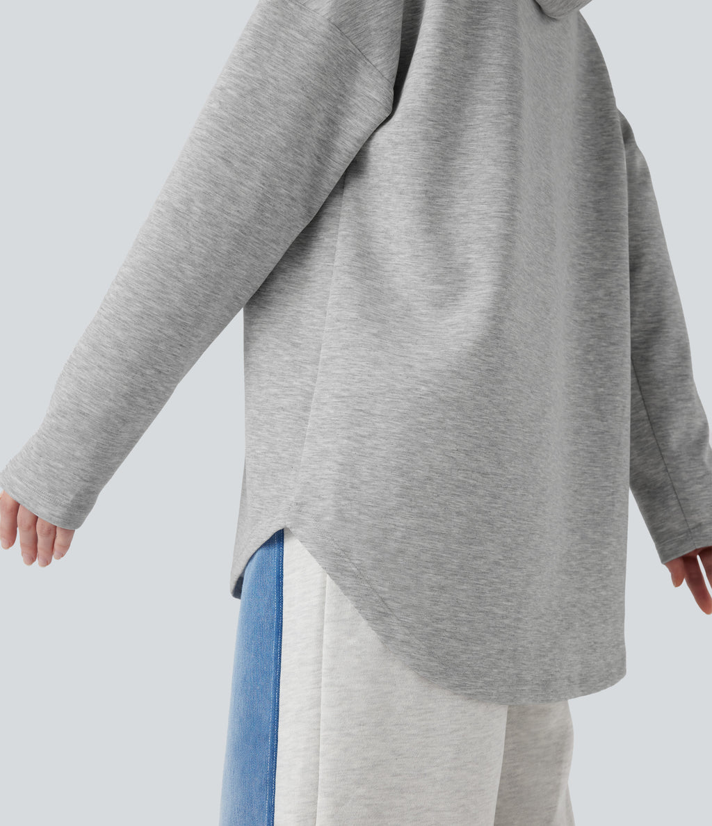 Hooded Drawstring Long Sleeve Curved Hem Casual Sweatshirt with Pocket — Fog Gray — view 6