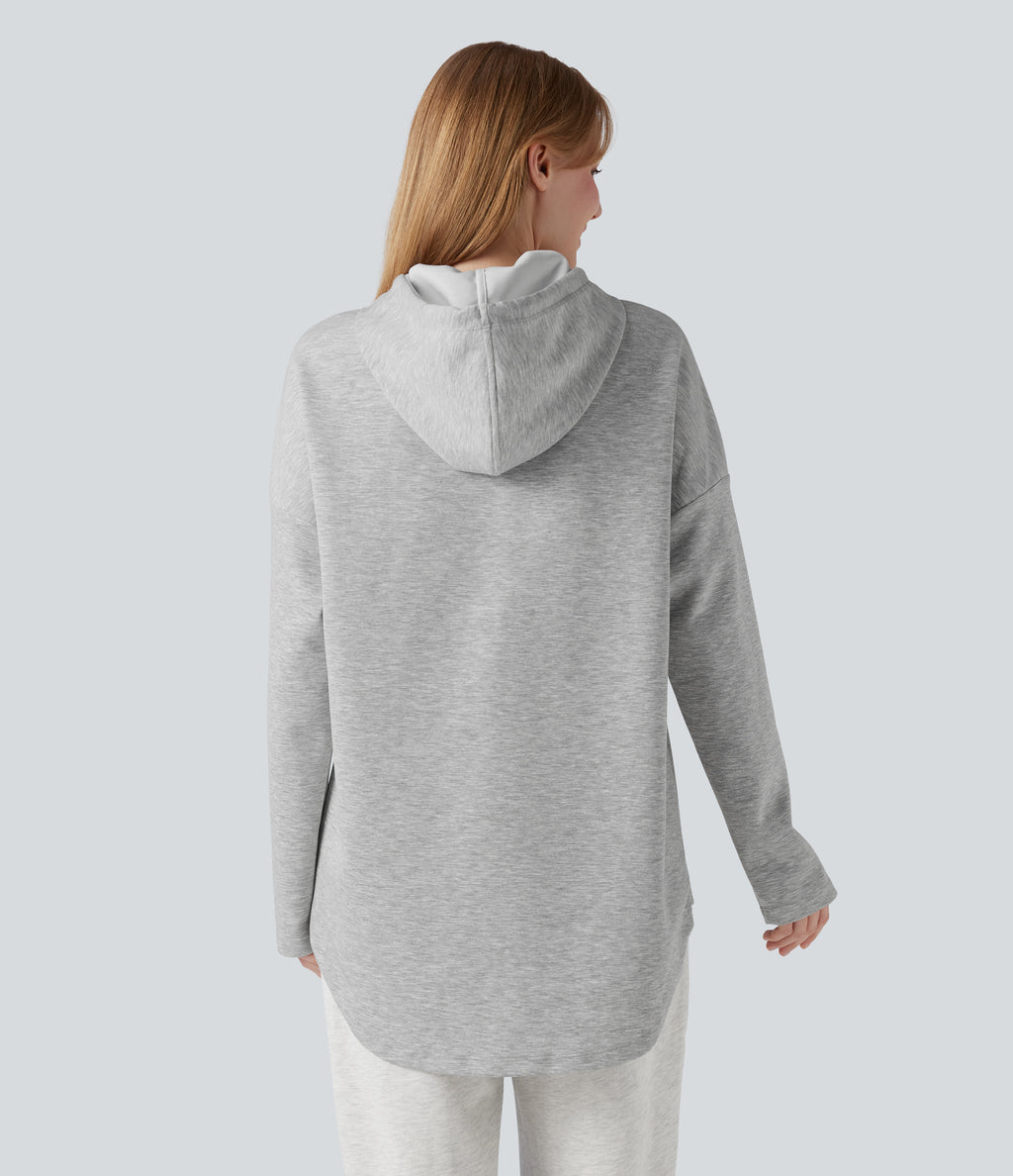 Hooded Drawstring Long Sleeve Curved Hem Casual Sweatshirt with Pocket — Fog Gray — view 2