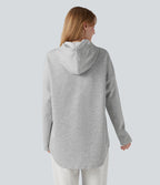 Hooded Drawstring Long Sleeve Curved Hem Casual Sweatshirt with Pocket — Fog Gray — view 2