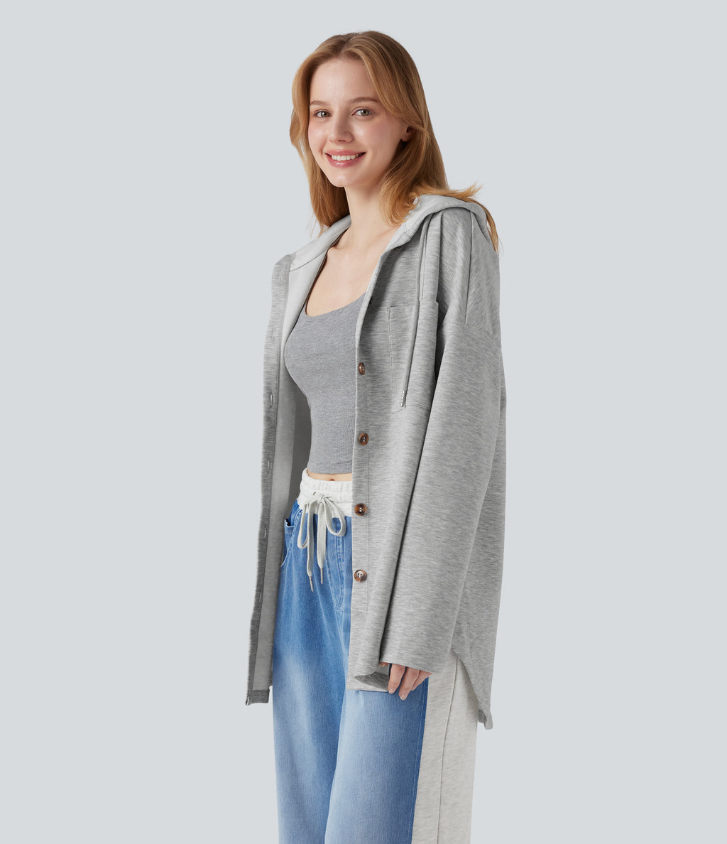 Hooded Drawstring Long Sleeve Curved Hem Casual Sweatshirt with Pocket — Fog Gray — view 3