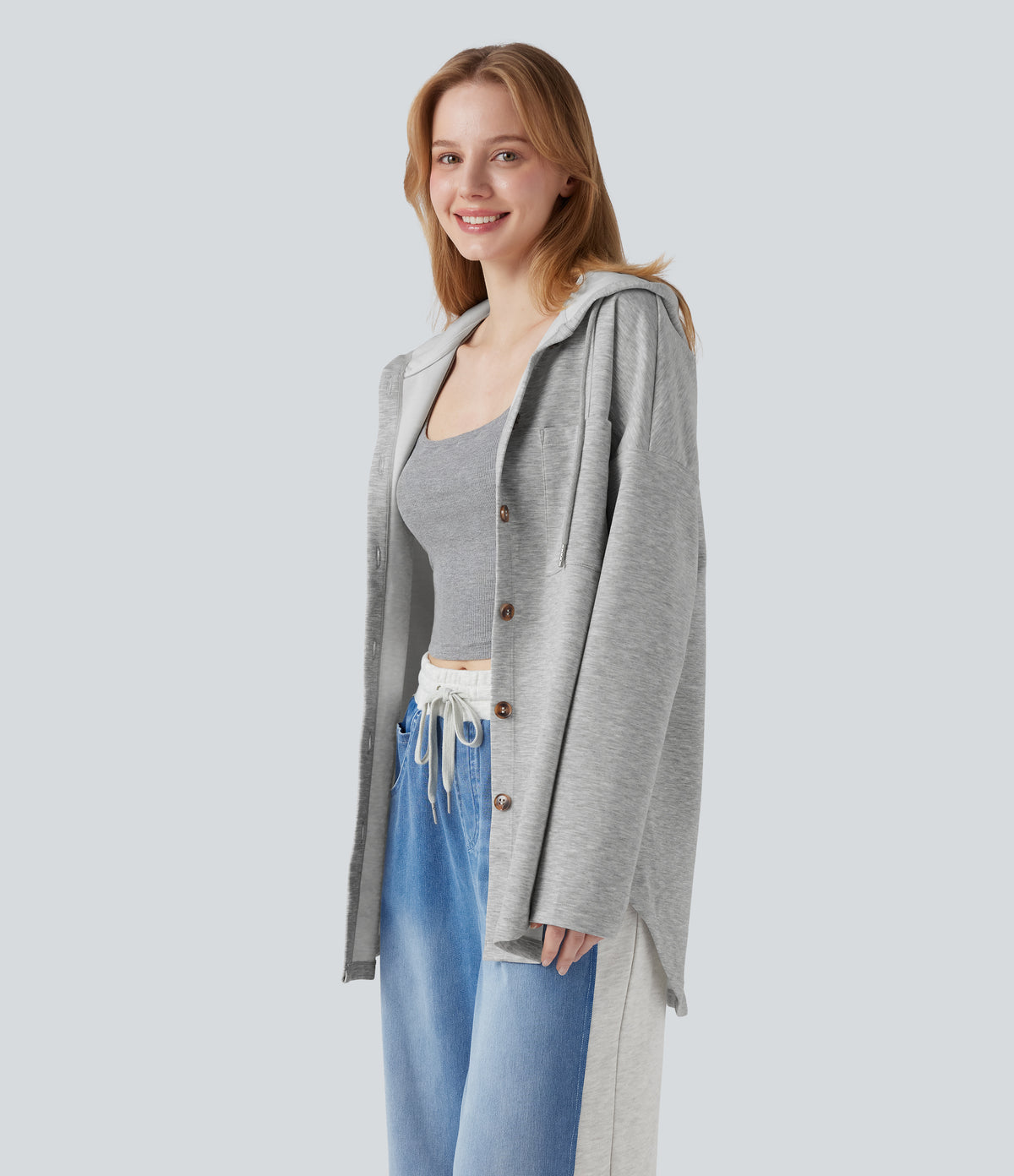 Hooded Drawstring Long Sleeve Curved Hem Casual Sweatshirt with Pocket — Fog Gray — view 3